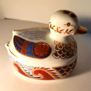 Duck trinket dish made in Japan painted with gold red and blue